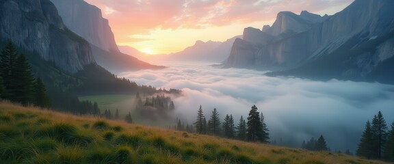 Fototapete - Mountain valley panorama with cloud inversion at sunset, showcasing serene and dramatic natural beauty