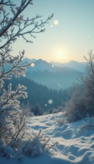 Poster - Winter Wonderland: Sunlit Snowy Landscape with Mountains and Frost-Covered Trees