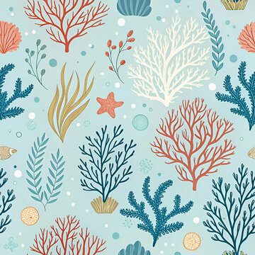 Underwater coral garden seamless pattern, featuring realistic details of marine life and vibrant colors