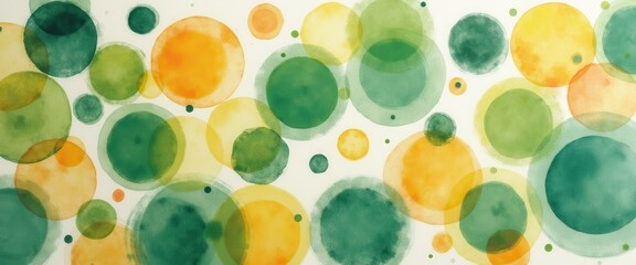 Fototapete - Playful Watercolor Spheres: Abstract Green, Yellow, and Orange Circles in a Dreamy Composition