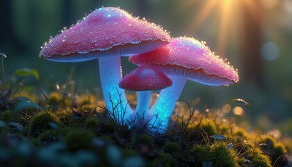 Poster - Enchanting bioluminescent mushrooms in a serene forest setting with dew drops and sun rays creating a magical ambiance