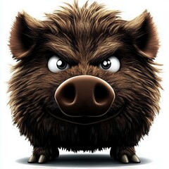 Aufkleber - Cartoonish Wild Boar with Furry Brown Coat and Big Snout on White Background