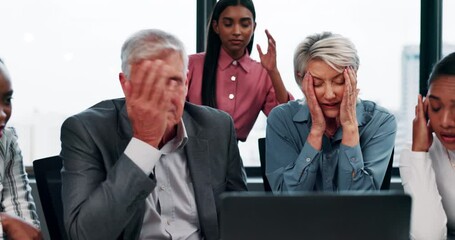 Poster - Laptop, mistake and business people with bad news in office with stock market crash for investment loss. Computer, upset and financial managers with finance error, crisis or feedback on profit.