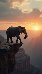 Poster - Elephant stands majestically on canyon rim at sunset, dramatic, awe-inspiring scenery with warm light