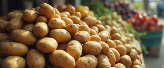 Poster - Abundance of Potatoes at the Market- Fresh Produce Display with Tomatoes and Onions in the Background.