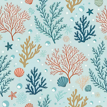 Underwater coral garden seamless pattern, featuring realistic details of marine life and vibrant colors