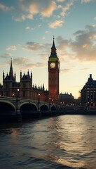 Poster - Evening view of a large fictional government building and clock tower over a tranquil river