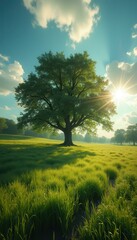 Poster - Majestic Tree in a Sun-Drenched Meadow - Peaceful Landscape