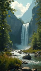 Poster - Breathtaking waterfall cascading into a vibrant river surrounded by rocky cliffs and lush green trees in serene scenery
