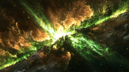 Poster - striking nebula featuring a green star in the center of a cosmic display with harsh light and ethere