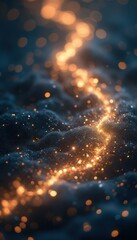 Poster - Ethereal Trail of Golden Light Sparkles Across a Woven Landscape of Dark Blue Textures, Creating a Mesmerizing Visual Effect