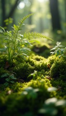 Aufkleber - Sunlight Shines on Vibrant Green Ferns and Lush Moss in a Serene Forest Scene