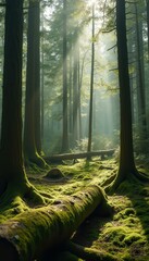 Poster - Ethereal Forest Scene: Sunlight Filtering Through Tall Trees and Mossy Ground