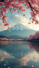 Poster - Serene Mountain Lake Framed by Blooming Cherry Blossoms with Petals Gently Falling on Water
