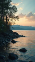 Poster - Serene Lake Shore at Sunset with Smooth Rocks and Tranquil Water Reflecting Soft Light and Distant Mountains