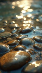 Poster - Golden light reflects on pebbles at waters edge, creating a dreamy, tranquil scene