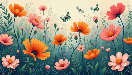 Aufkleber - Colorful Flat Design Meadow with Orange and Pink Flowers, Green Leaves, Butterflies, and a Dragonfly