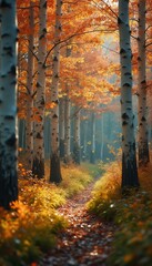 Aufkleber - Autumn Birch Forest Path with Golden Leaves and Serene Atmosphere