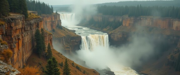 Poster - Powerful multi-tiered waterfall cascading into a canyon surrounded by lush coniferous forest and majestic cliffs