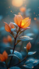 Poster - Translucent leaves shine with dew drops, creating a magical, ethereal garden scene with warm golden light and bokeh effect.