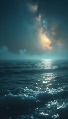 ethereal night ocean landscape with milky way and moonlight reflections, a cinematic and tranquil sc
