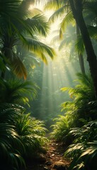 Poster - ethereal jungle path: sunbeams illuminate lush tropical forest scenery