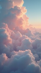 Poster - A cinematic view above soft, pink clouds with a pastel sunset blending into a serene blue sky