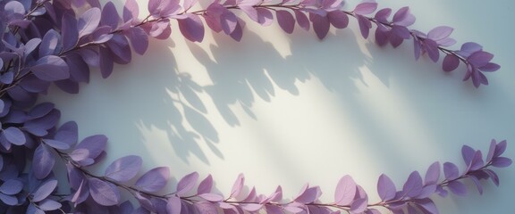 Poster - Aesthetic Arrangement of Purple Leaves Creating a Frame with Soft Shadows on a Light Background