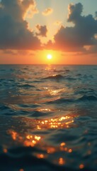 Poster - Tranquil ocean at sunset with sun rays reflecting on the water, creating a peaceful and beautiful scene, showcasing the serene bea