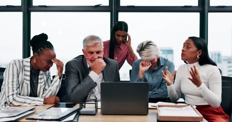 Poster - Laptop, upset and business people with bad news in office with stock market crash for investment loss. Computer, mistake and financial managers with finance error, crisis or feedback on profit.