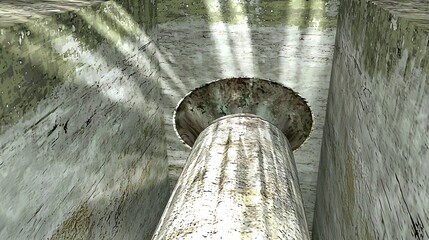 Poster - Ancient weathered pipe with rustic texture and timeworn appearance against a soft natural light background creating a historical atmosphere