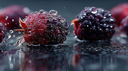 Poster - Close-up of fresh blackberries glistening with water droplets against a dark backdrop