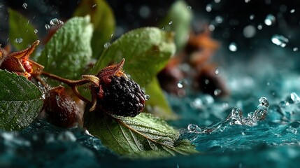 Poster - Close-up of fresh blackberry fruit with water droplets and green leaves, macro shot