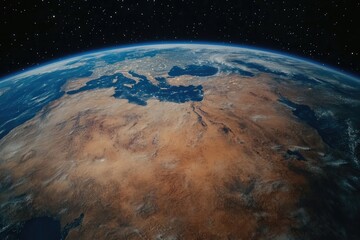 high-angle view of earth, showing continents and atmosphere a portion of a desert region is prominen