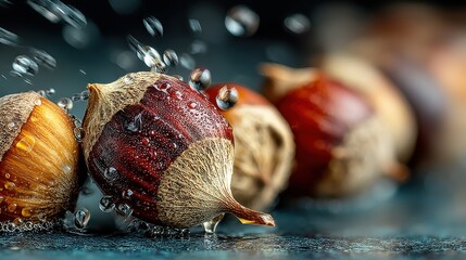 Poster - Close-up of fresh hazelnuts with water droplets on a textured dark surface
