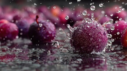 Poster - Close-up of fresh plums with water splash, showcasing juicy fruit freshness