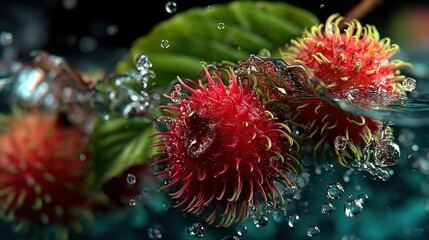 Poster - Close-up of fresh rambutan fruit in water with bubbles and green leaves.
