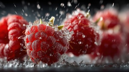 Poster - Close-up of fresh raspberries with water droplets against a dark background.