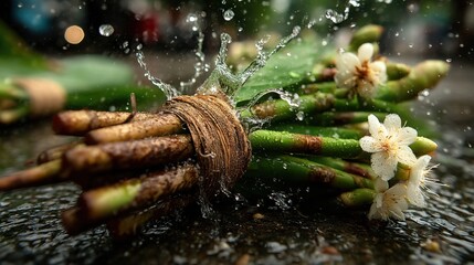 Poster - Close-up of fresh water splashing on a bundle of flowers and foliage