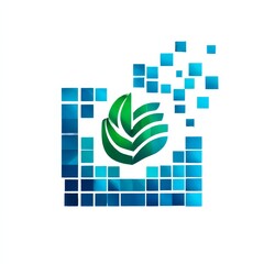 Leinwandbilder - Digital Nature: A Green Leaf Emerging from a Blue Pixelated Square Technology Design Concept.