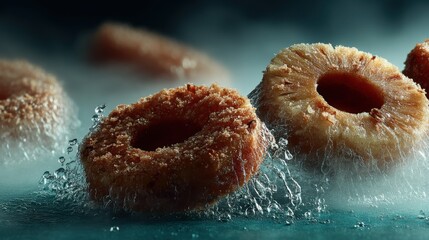 Poster - Close-up of fried food rings with water splashes creating a refreshing look