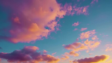 Poster - Vaporwave style sky with pink and purple clouds over bright blue sky, abstract dreamy atmosphere. Seamless video loop. Generated AI