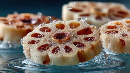 Poster - Close-up of lotus root slices in water with bubbles and a blue background