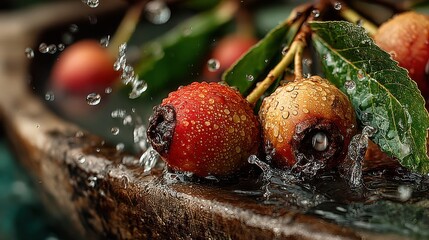 Poster - Close-up of ripe berries with water droplets in wooden bowl, nature photography