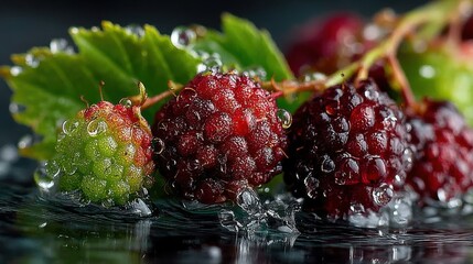 Poster - Close-up of ripe blackberries with water droplets on a dark background