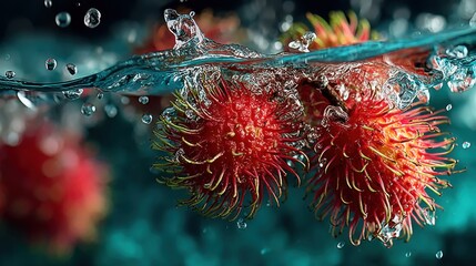 Poster - Close-up of ripe rambutan fruit submerged in cool, refreshing water droplets.