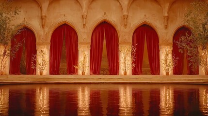 Poster - Vibrant pool scene with red curtains and neon glows creating an ambient and artistic atmosphere for a unique visual experience