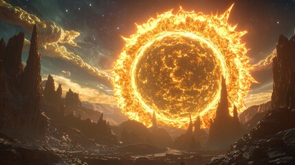 Poster - brilliant sun in the cosmic sky surrounded by a backlit silhouette of a red giant explosion creating