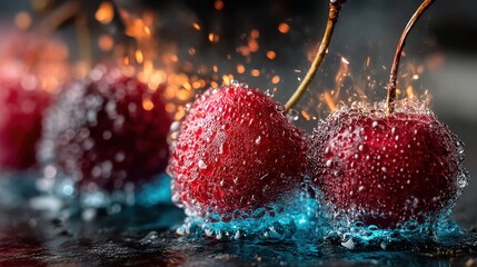 Poster - Close-up of vibrant cherries with water droplets and sparking effects on a dark surface