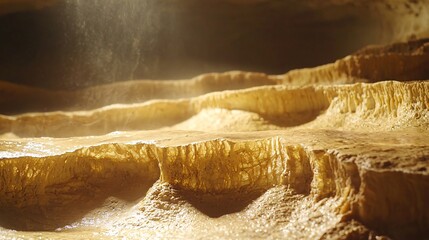 Poster - Enigmatic waterfall flowing inside a cave surrounded by rock formations and dappled light creating a mysterious atmosphere